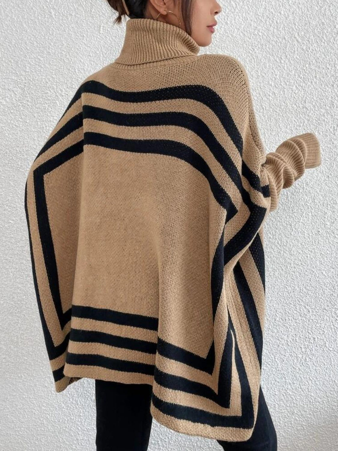 Striped Turtleneck Batwing Sleeve Sweater with Pockets