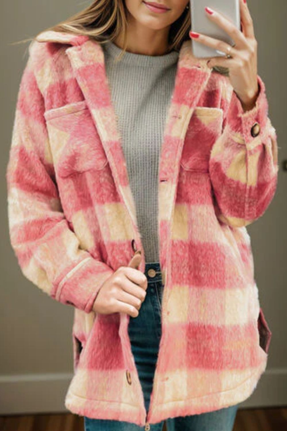 Slit Plaid Collared Neck Shacket