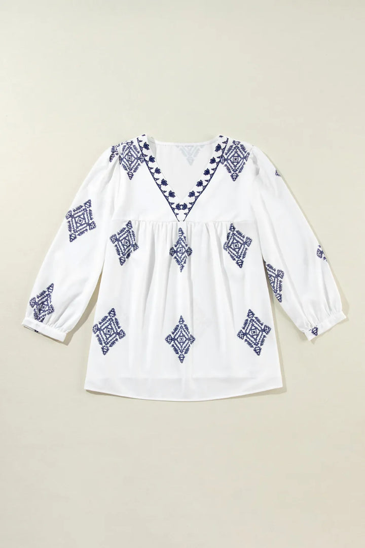 Printed V-Neck Three-Quarter Sleeve Blouse