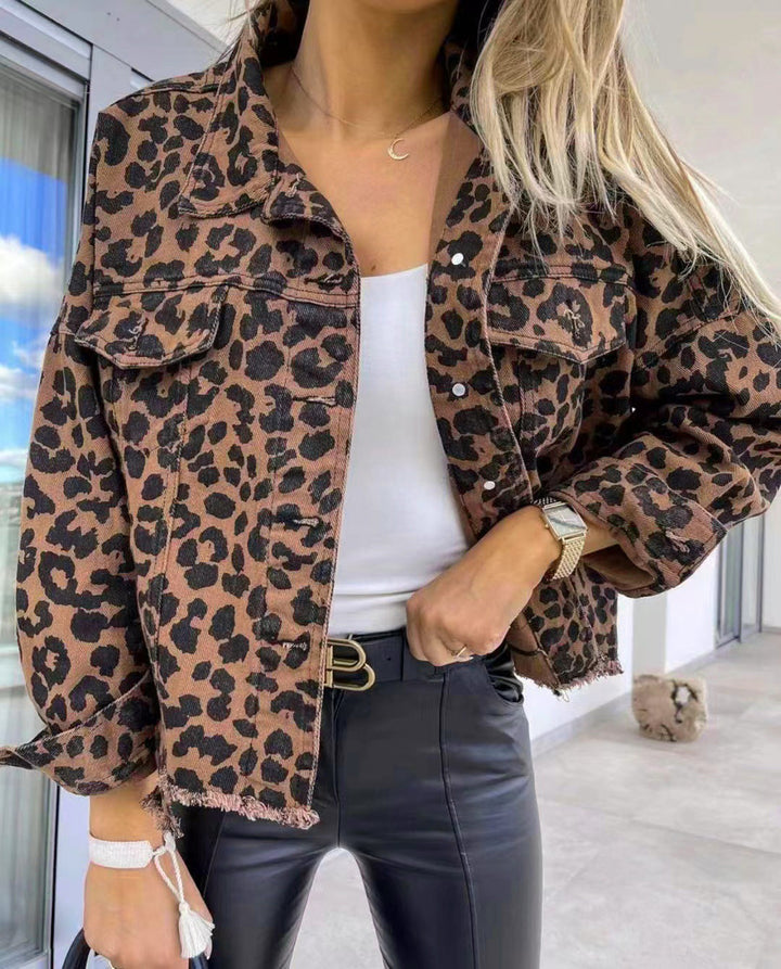 Raw Hem Leopard Collared Neck Denim Jacket