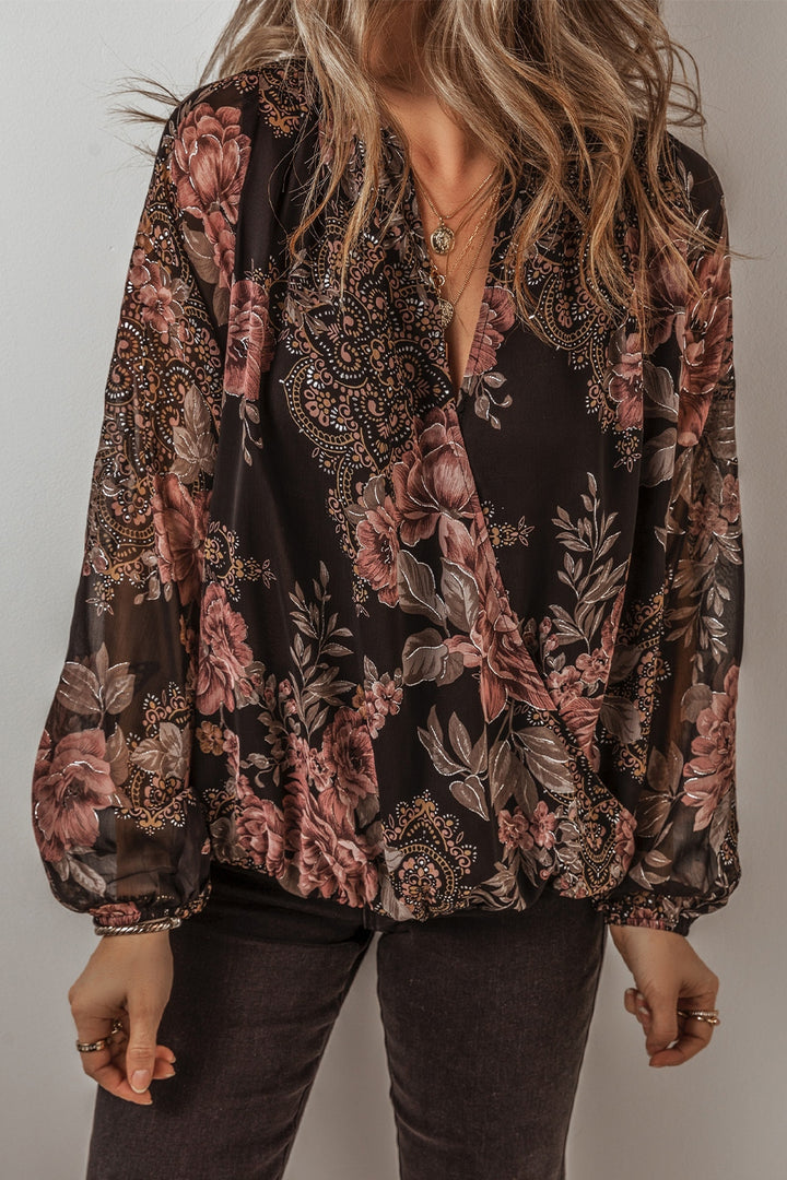 Printed Surplice Long Sleeve Blouse