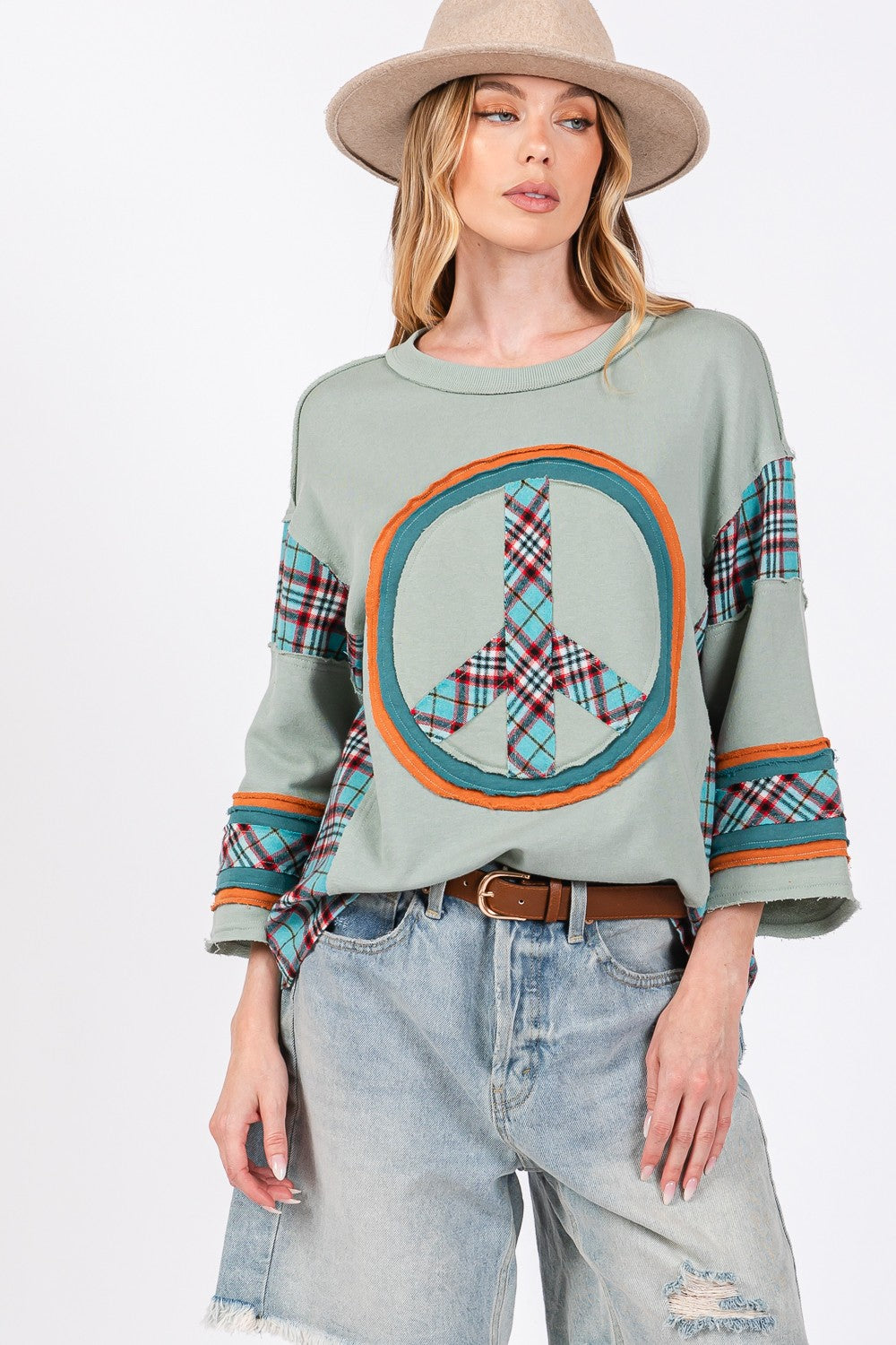 SAGE + FIG Peace Applique Patch Contrast Plaid Top