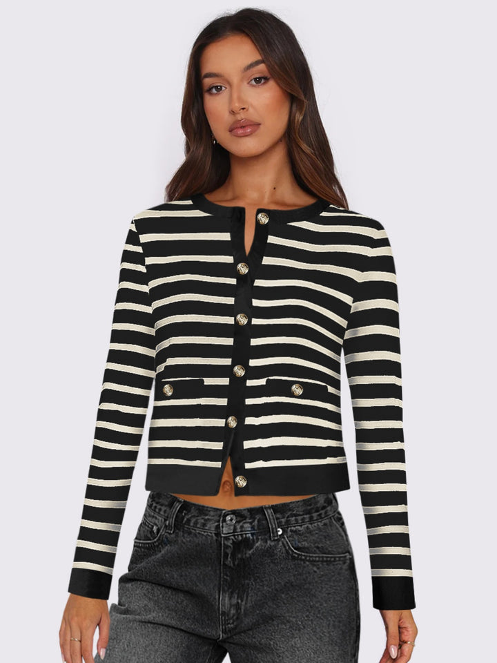 Striped Round Neck Button Up Long Sleeve Cardigan