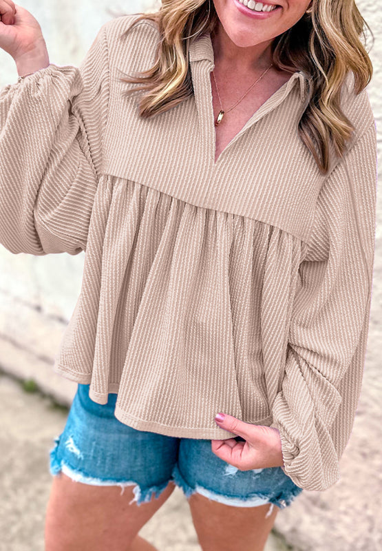 Texture Collared Neck Long Sleeve Blouse