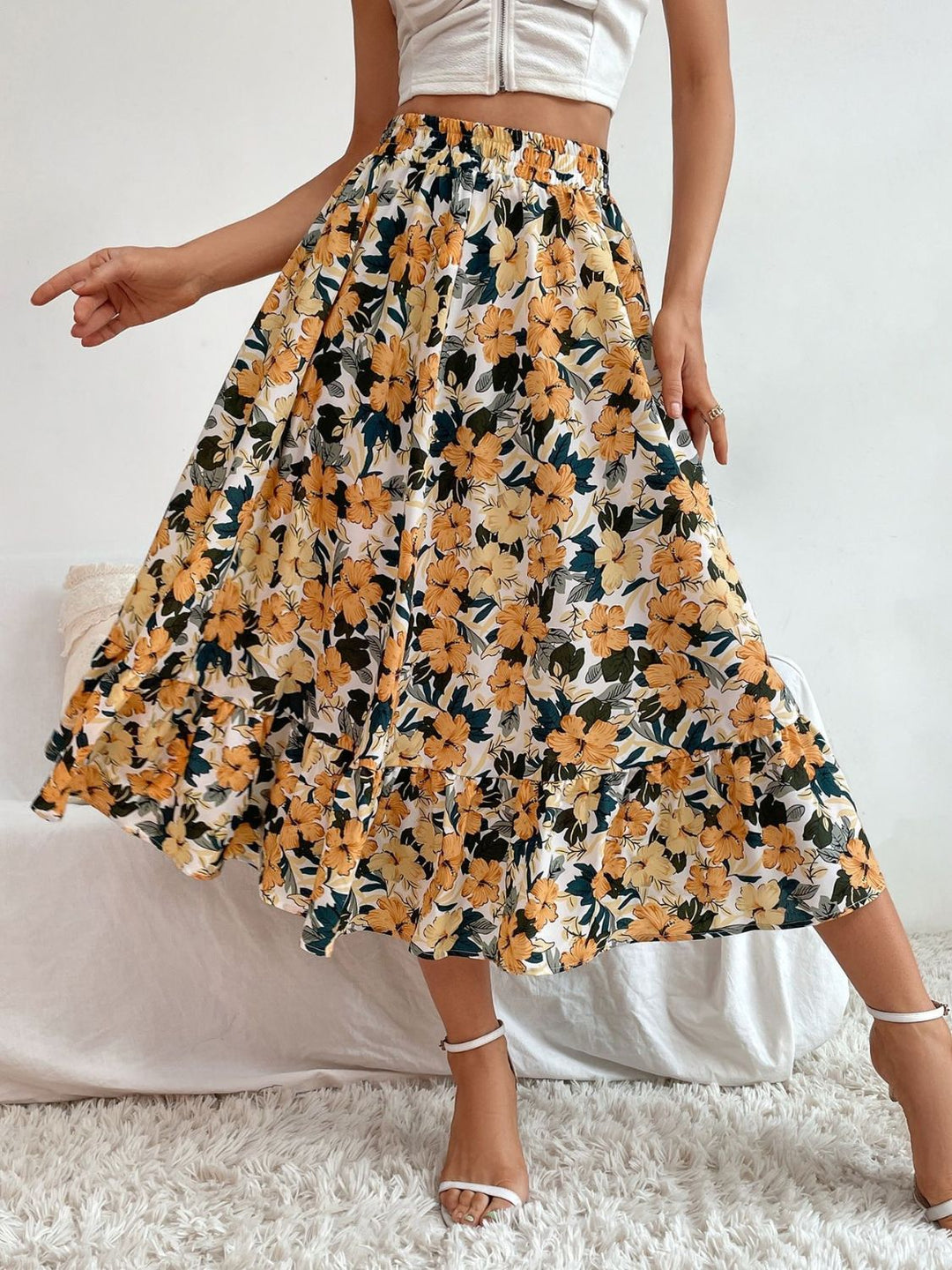 Printed Elastic Waist Midi Skirt