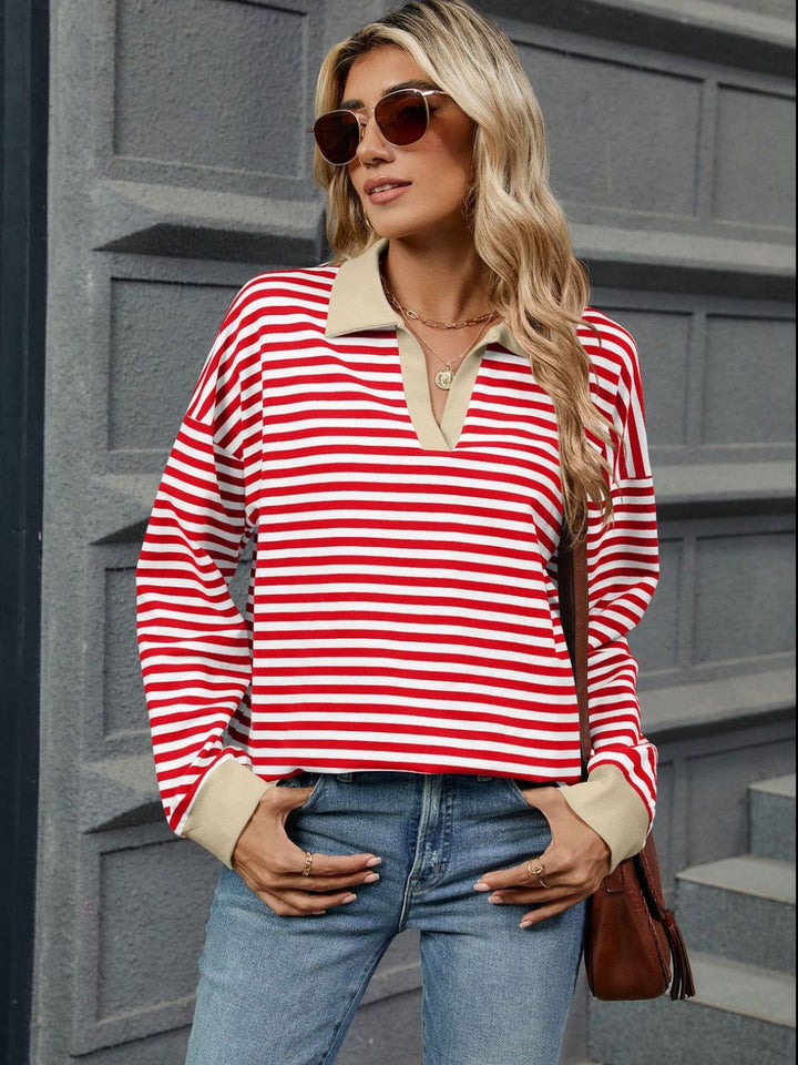 Striped Johnny Collar Long Sleeve Sweatshirt