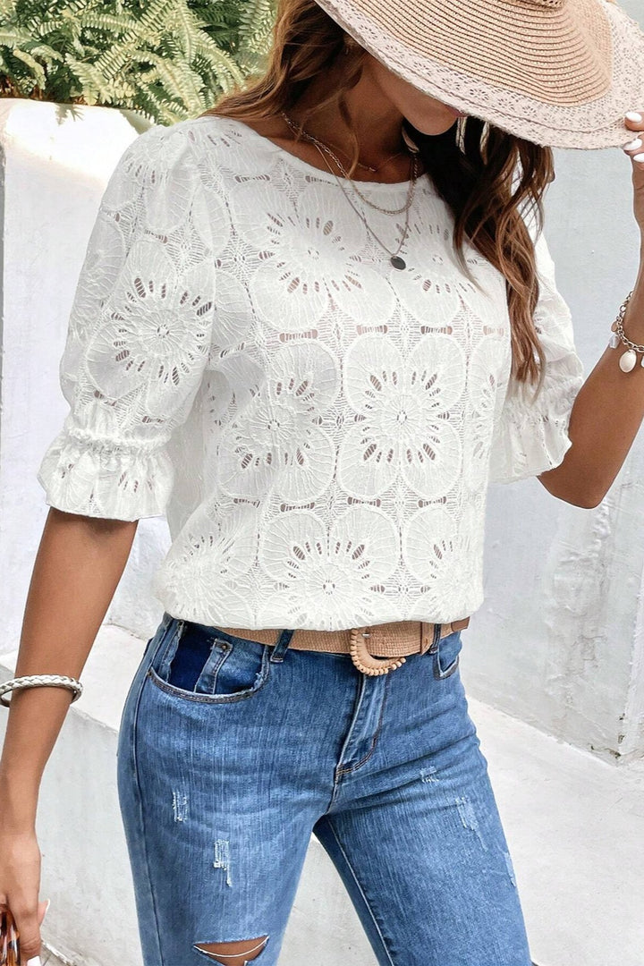 Round Neck Flounce Sleeve Blouse