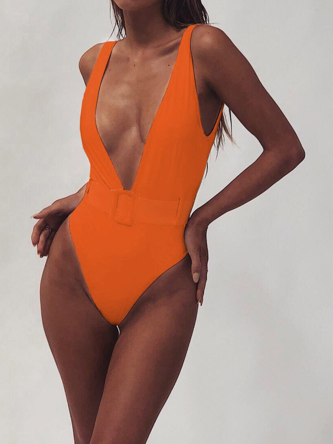 Plunge Wide Strap Sleeveless One-Piece Swimwear