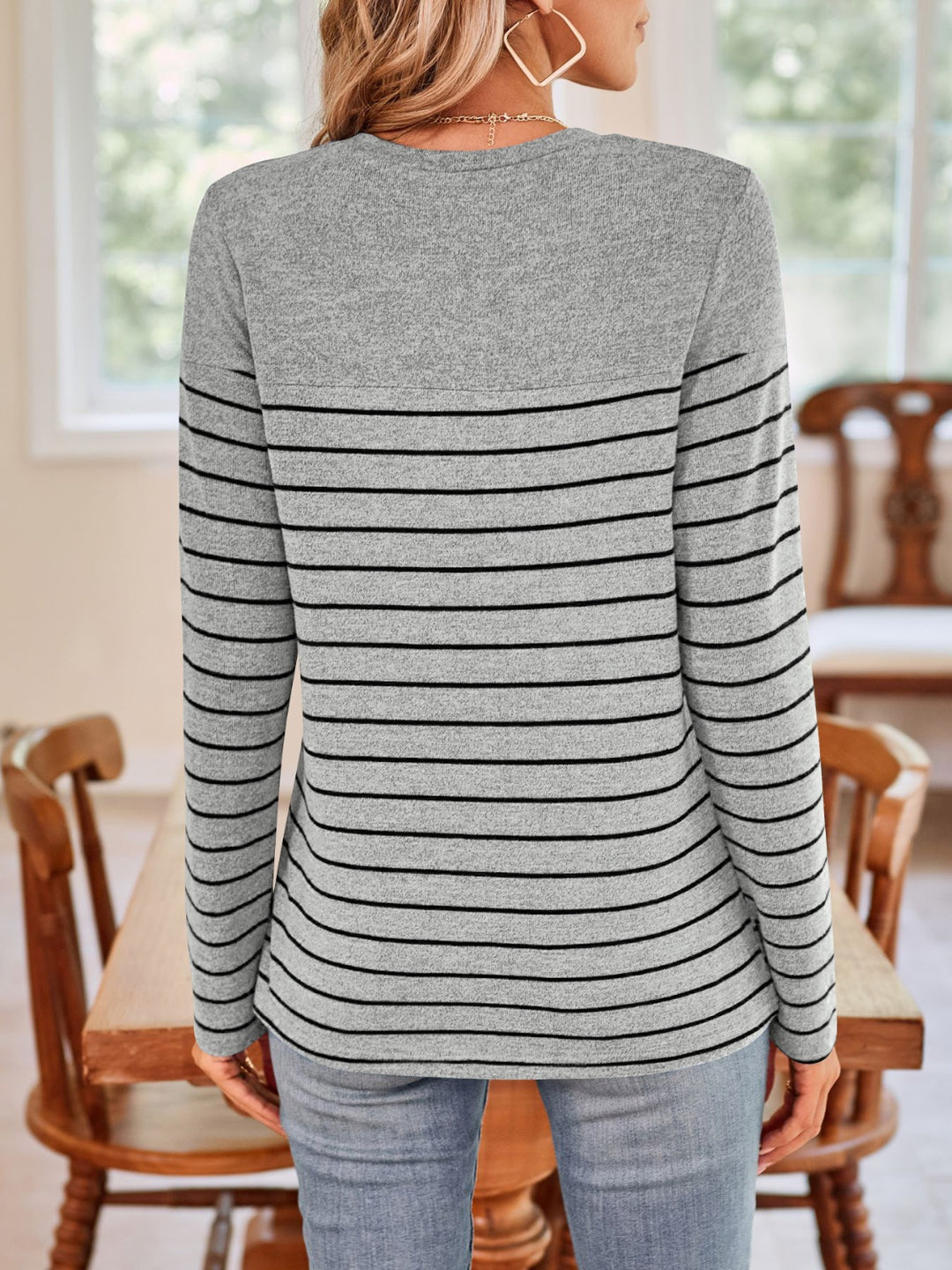 Quarter Button Striped Round Neck Long Sleeve T-Shirt