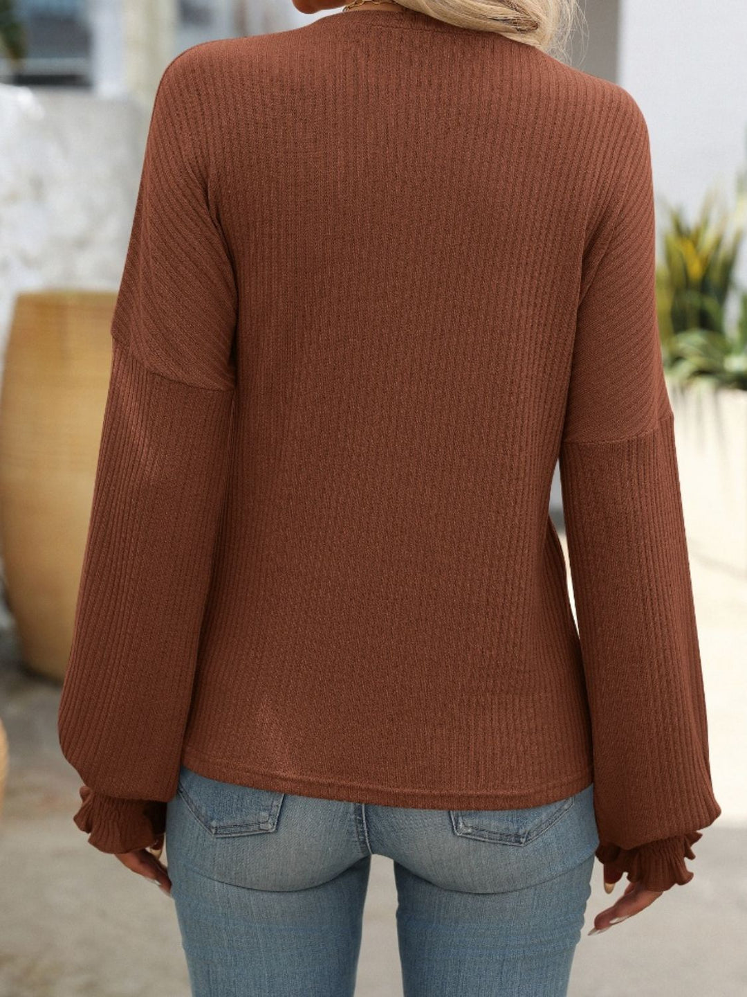 Ribbed Round Neck Long Sleeve T-Shirt