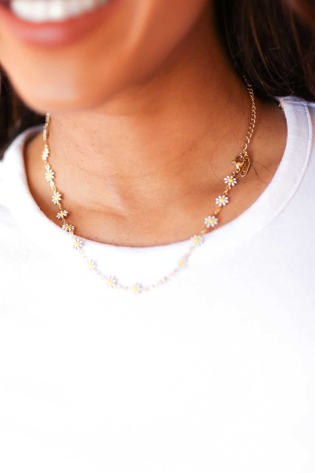 Gold Daisy Flower Enamel Necklace