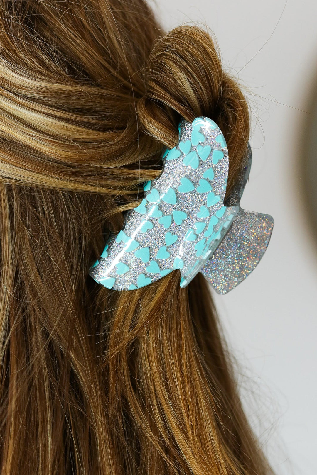 Turquoise Hearts & Glitter Hair Claw