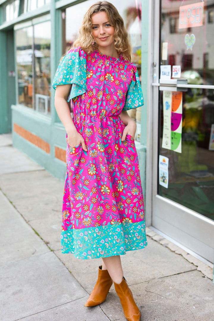 Charming Fuchsia & Mint Floral Frill Mock Neck Flutter Sleeve Midi Dress