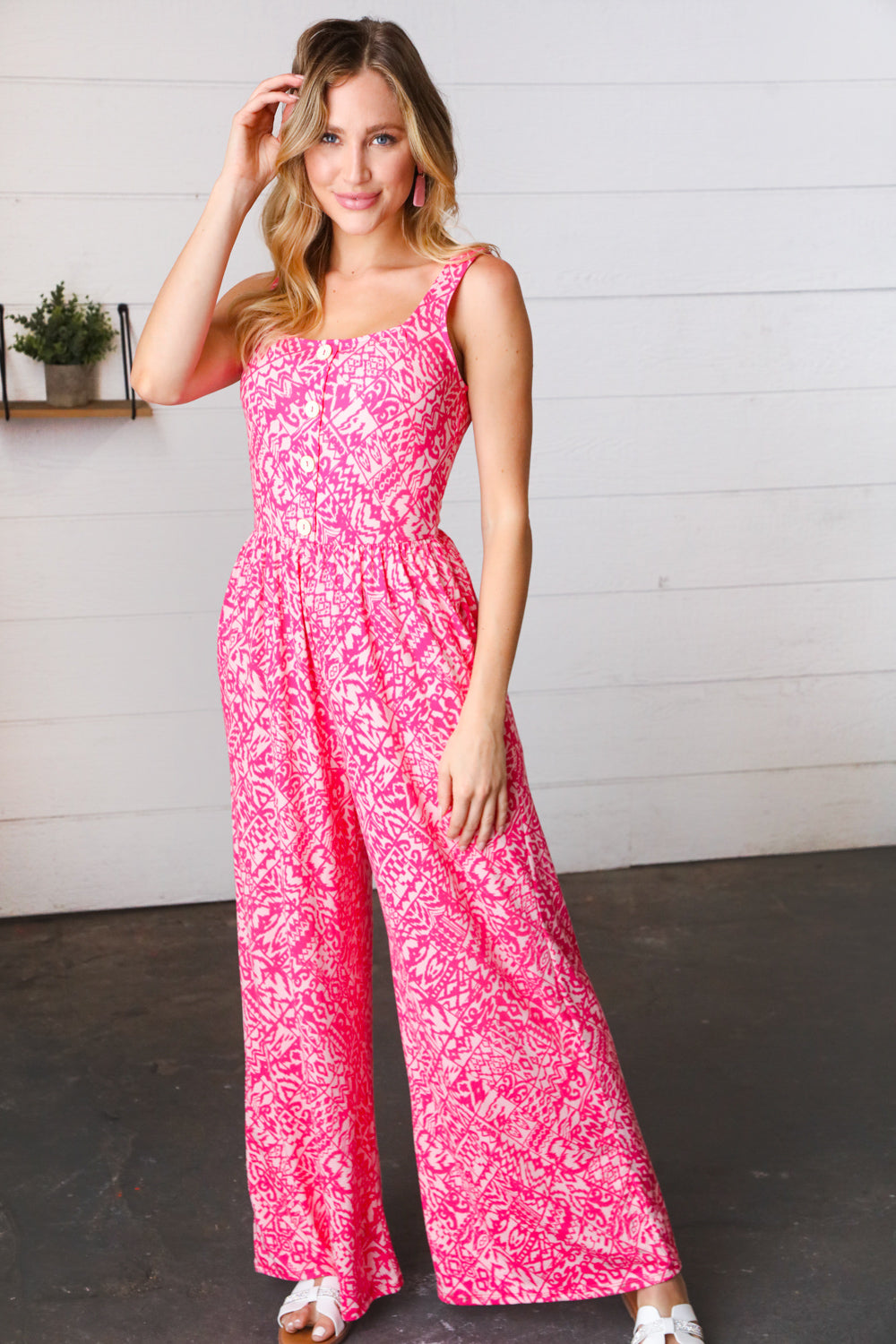 Fuchsia Boho Batik Print Button Sleeveless Jumpsuit