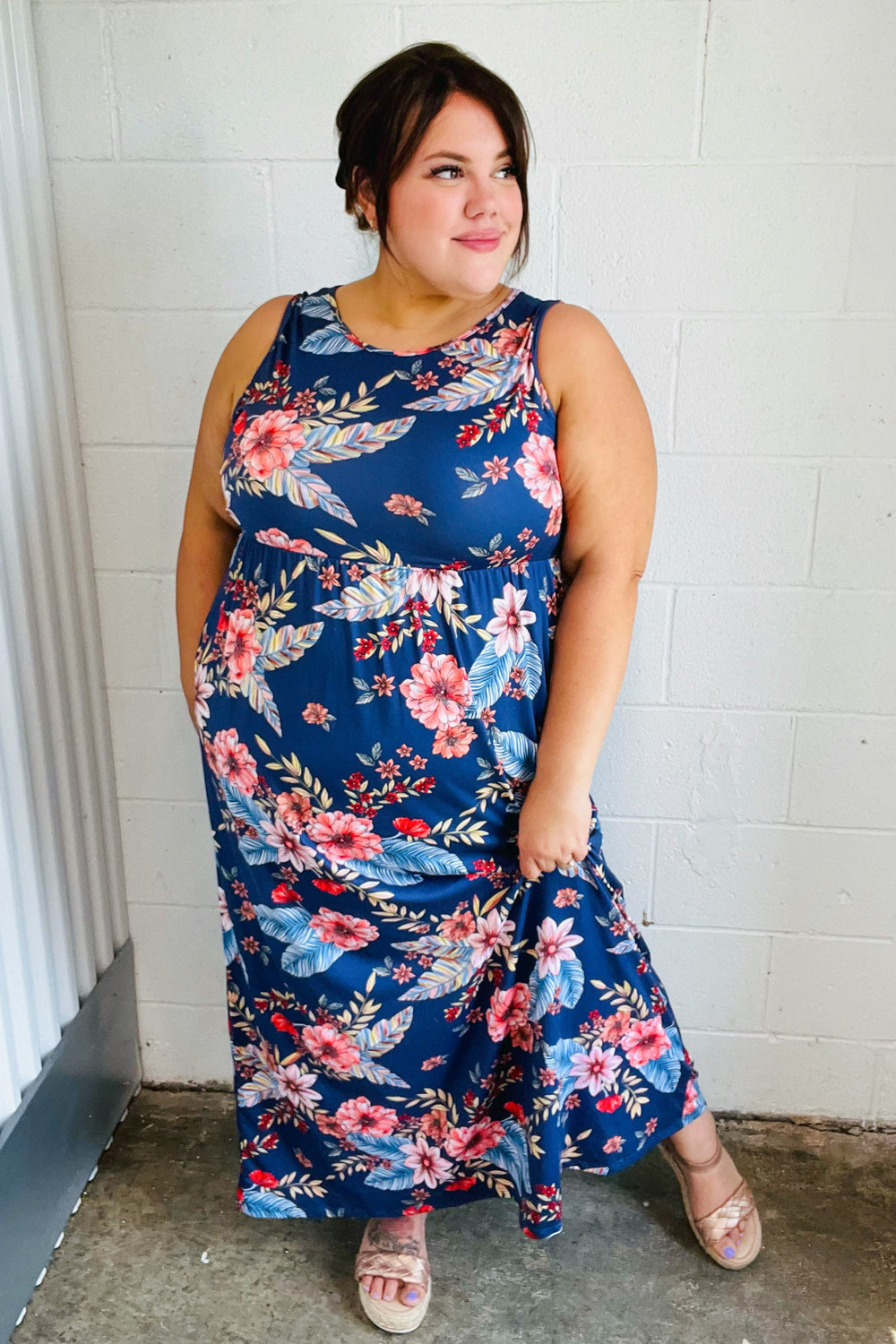 Navy Floral Fit and Flare Sleeveless Maxi Dress