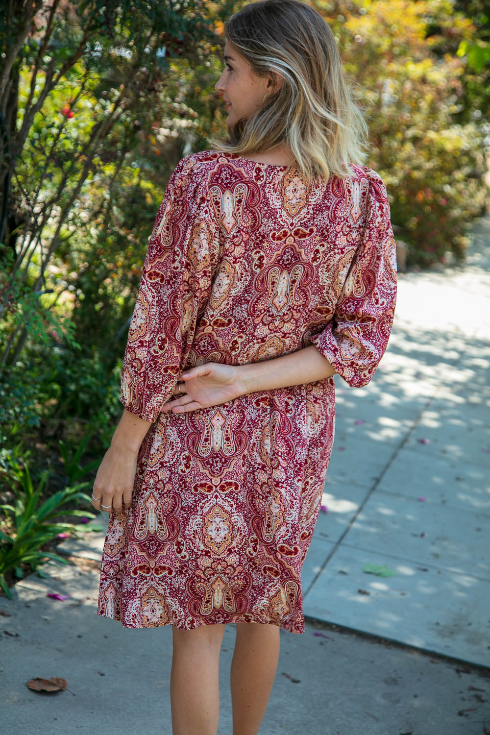 Cranberry Paisley Woven Bubble Sleeve Midi Dress