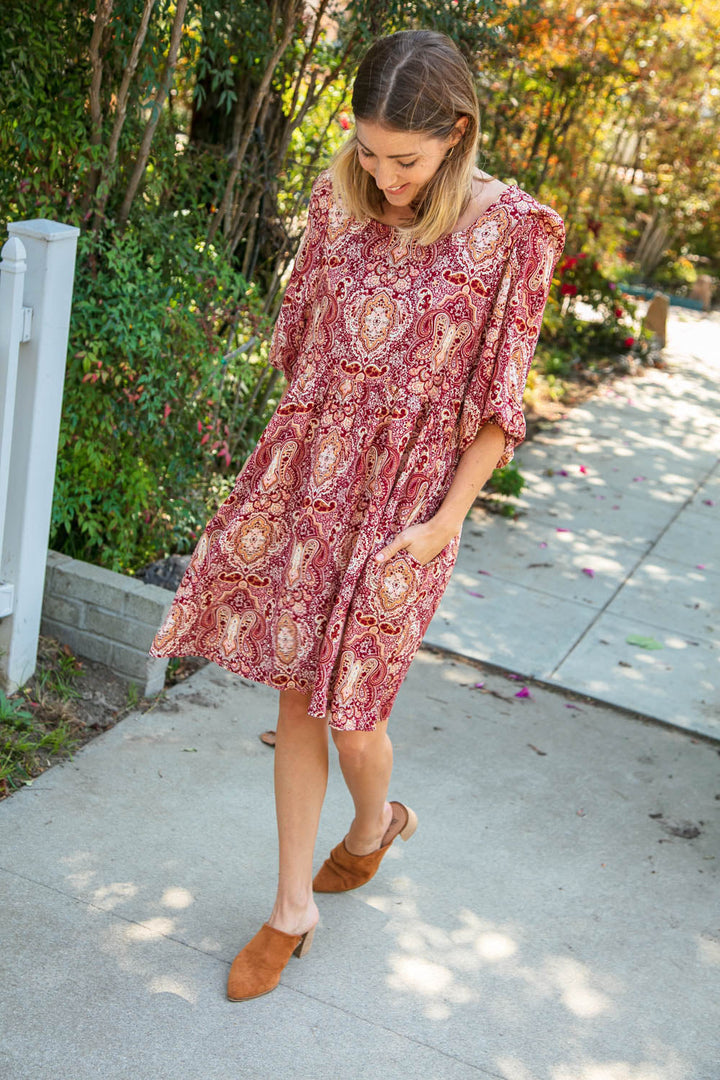 Cranberry Paisley Woven Bubble Sleeve Midi Dress