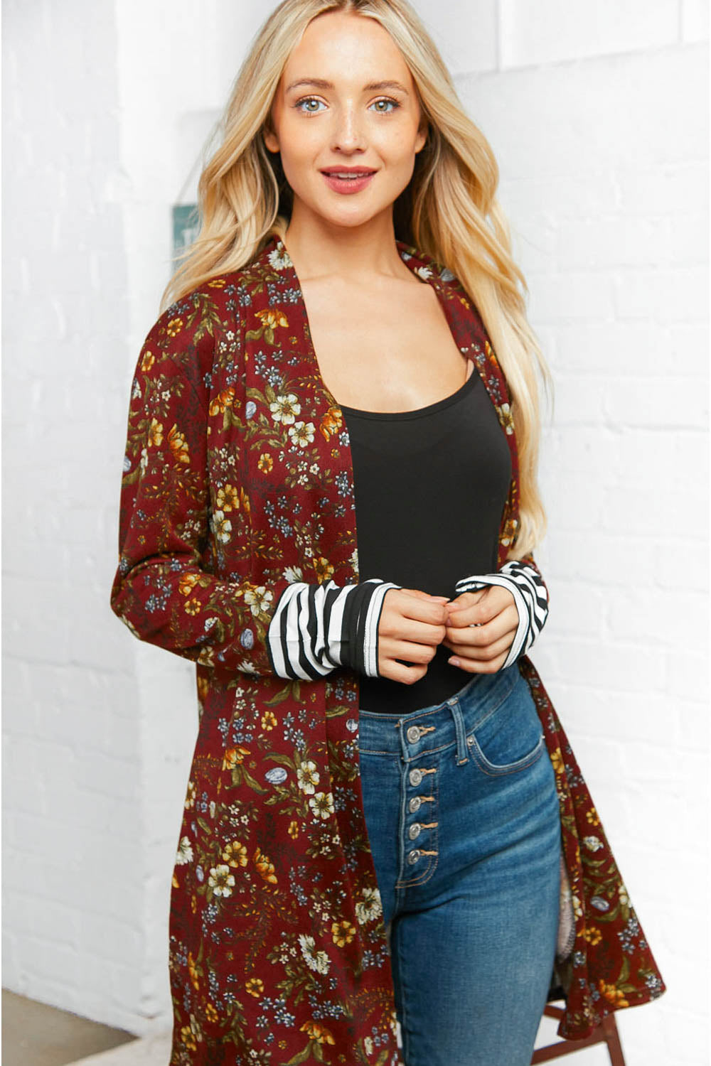 Burgundy Floral Stripe Cardigan with Thumbholes