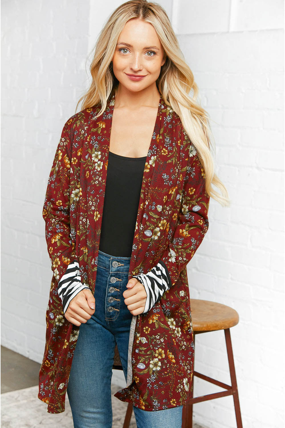 Burgundy Floral Stripe Cardigan with Thumbholes