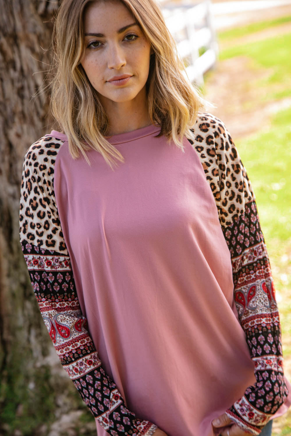 Dolman Leopard Paisley Sleeve Raglan Top