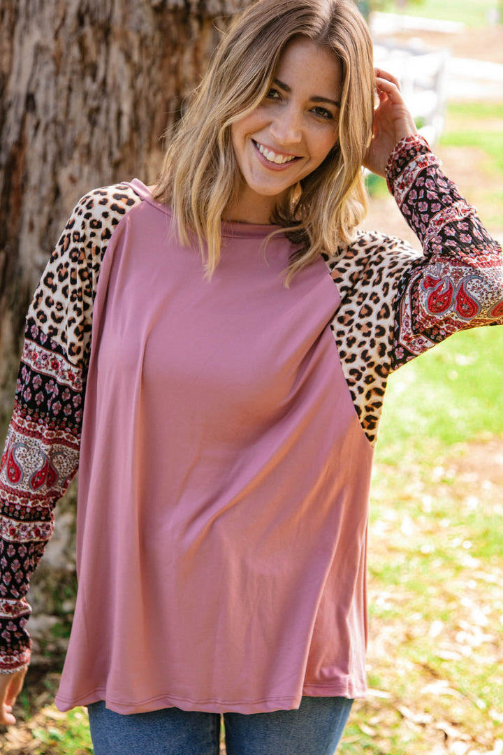 Dolman Leopard Paisley Sleeve Raglan Top