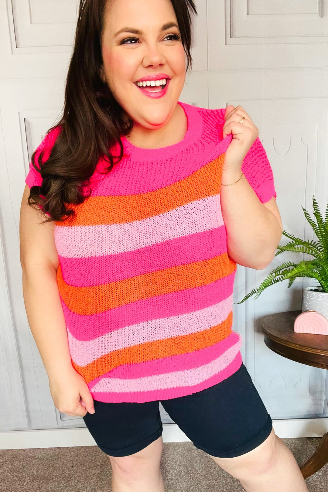 Feeling Bold Fuchsia & Orange Stripe Short Sleeve Dolman Sweater