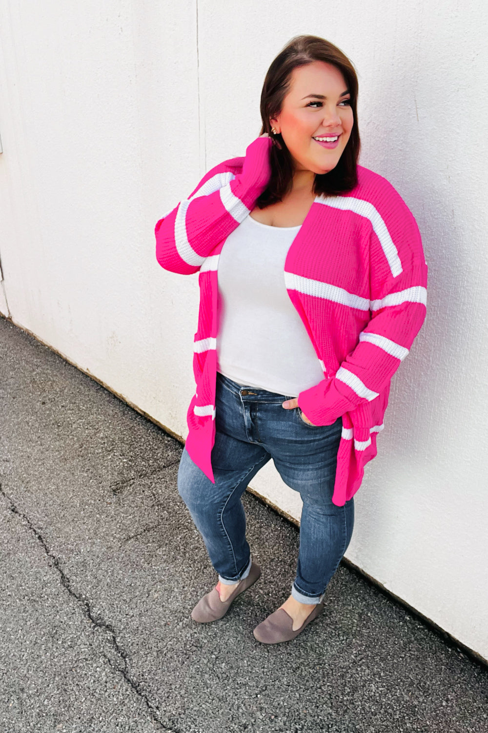 Hot Pink Stripe Open Sweater Cardigan