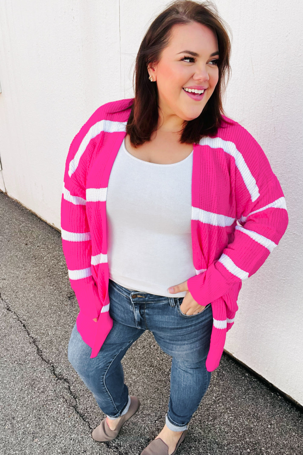 Hot Pink Stripe Open Sweater Cardigan