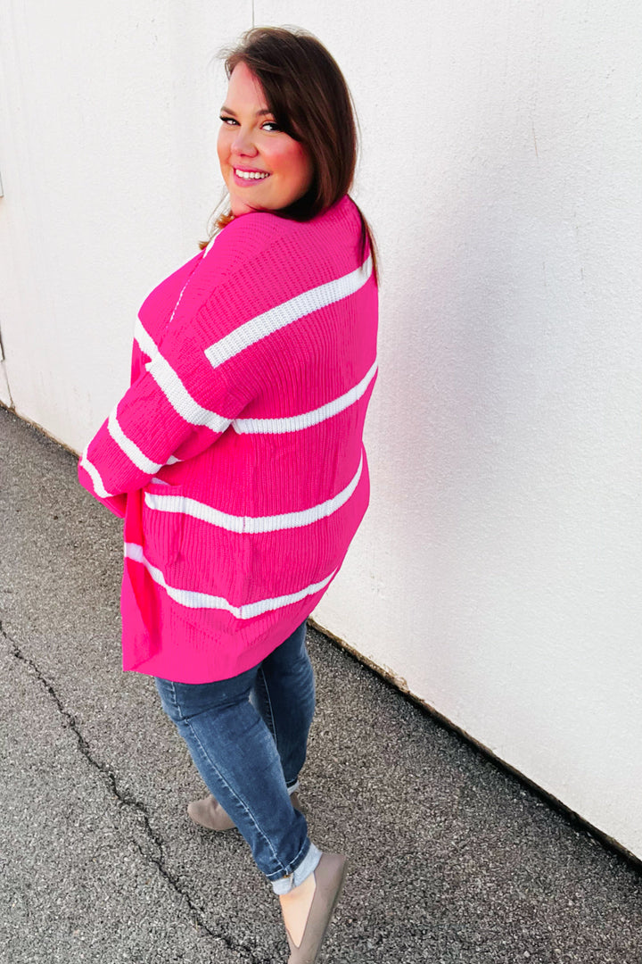 Hot Pink Stripe Open Sweater Cardigan