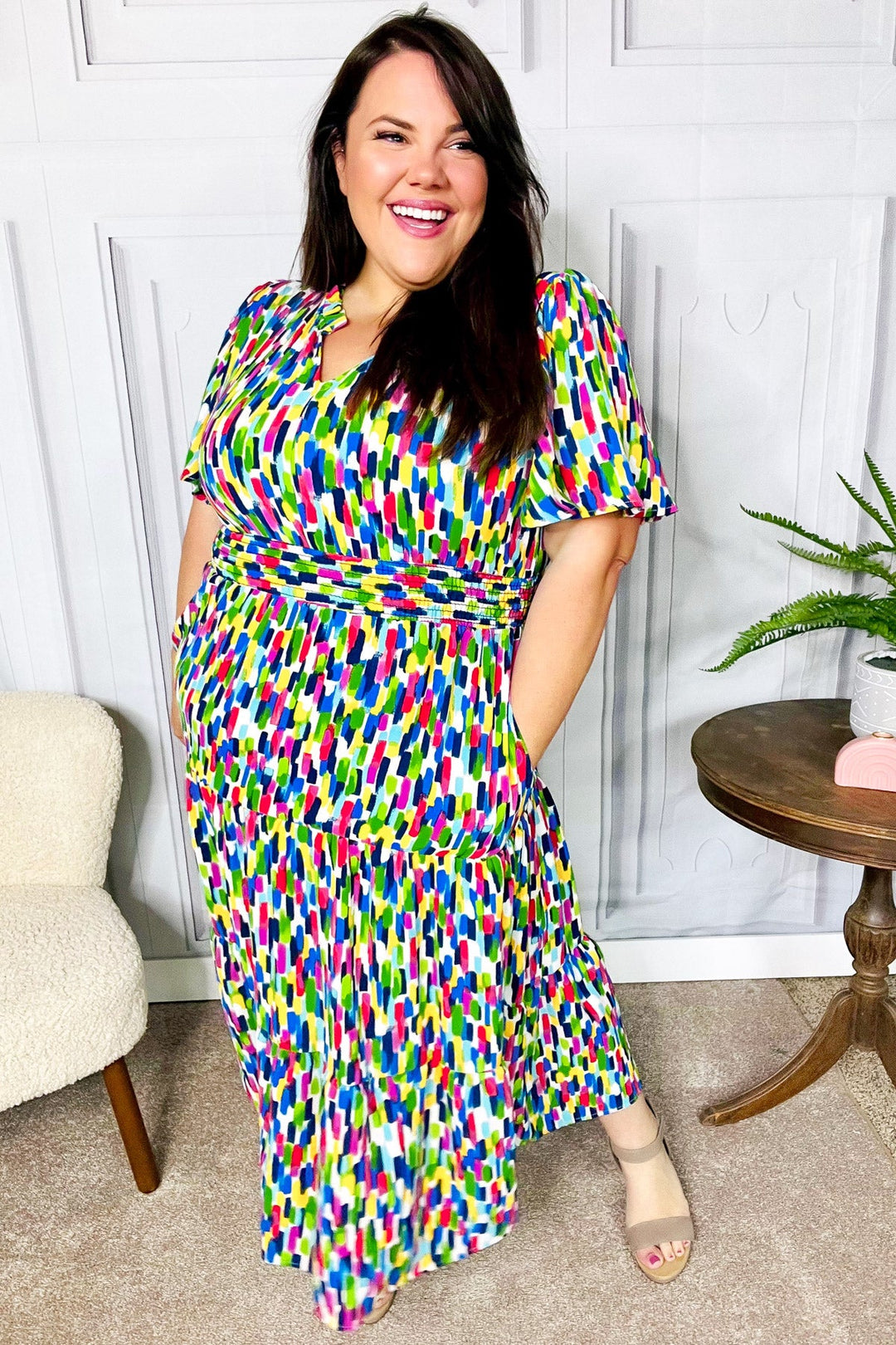 All For You Navy Multicolor Abstract Print Smocked Waist Maxi Dress