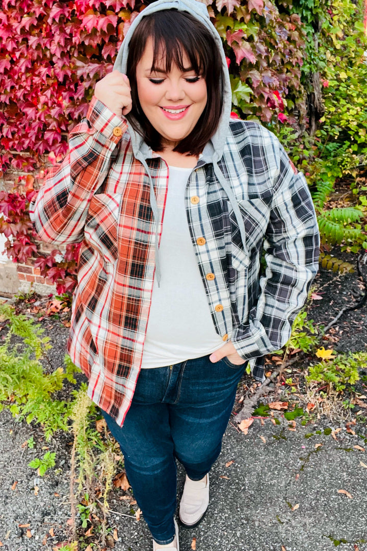 All Put Together Rust/Charcoal Plaid Colorblock Hoodie Shacket