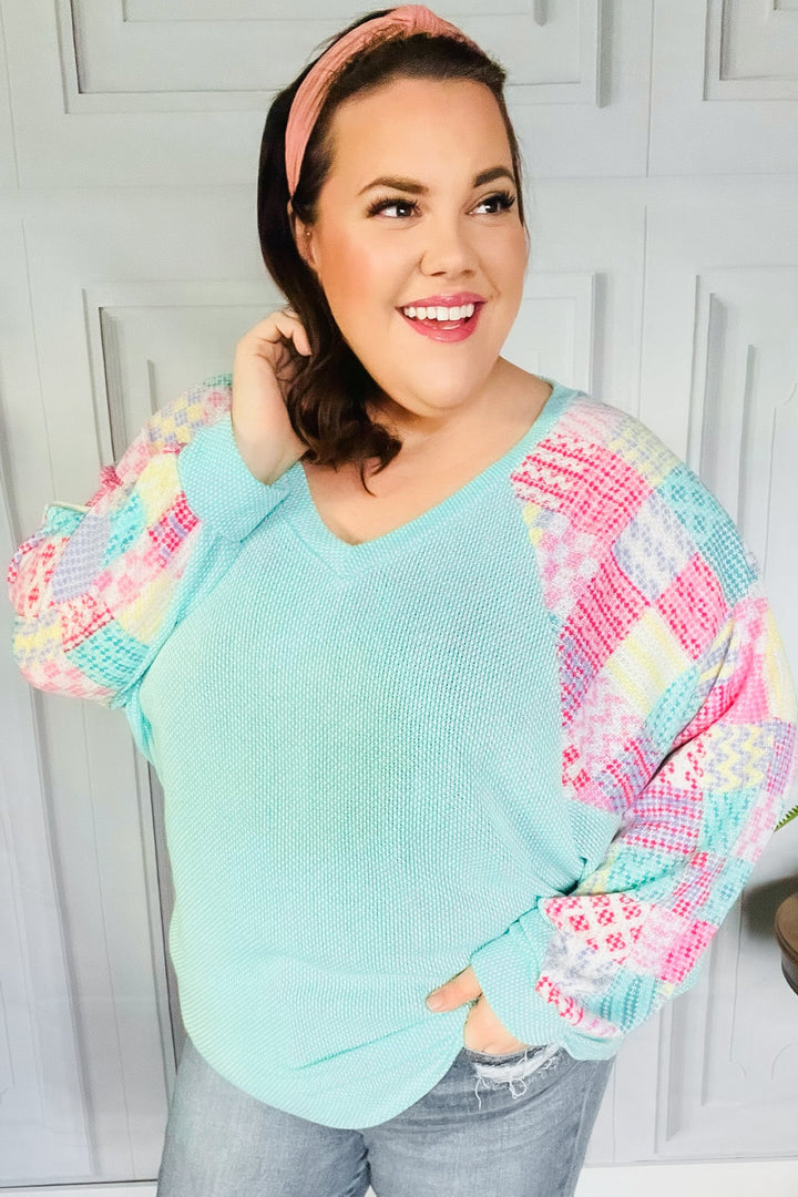 Always Fun Mint Patchwork Print Dolman V Neck Top