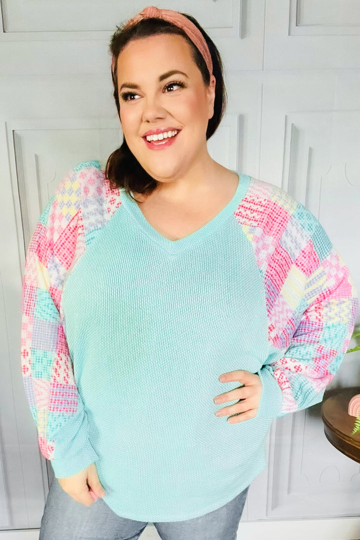 Always Fun Mint Patchwork Print Dolman V Neck Top