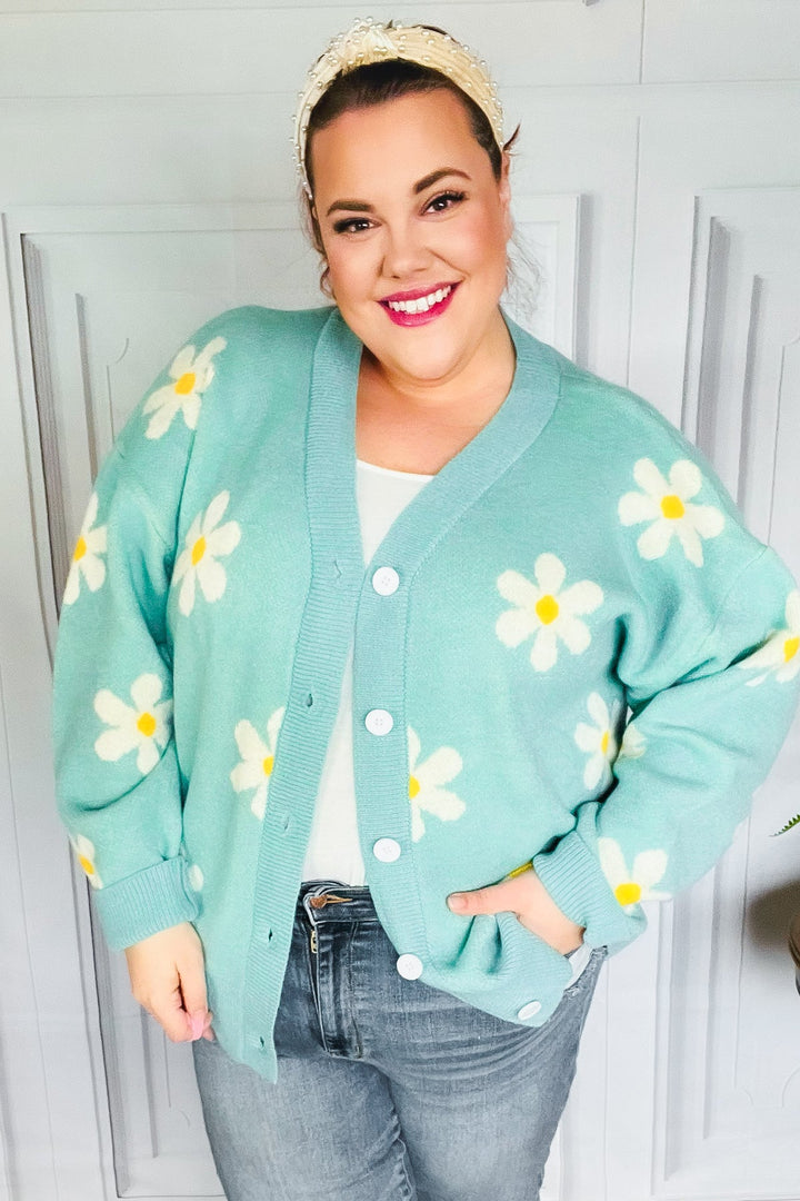 All For Love Mint Daisy Print Button Down Knit Cardigan