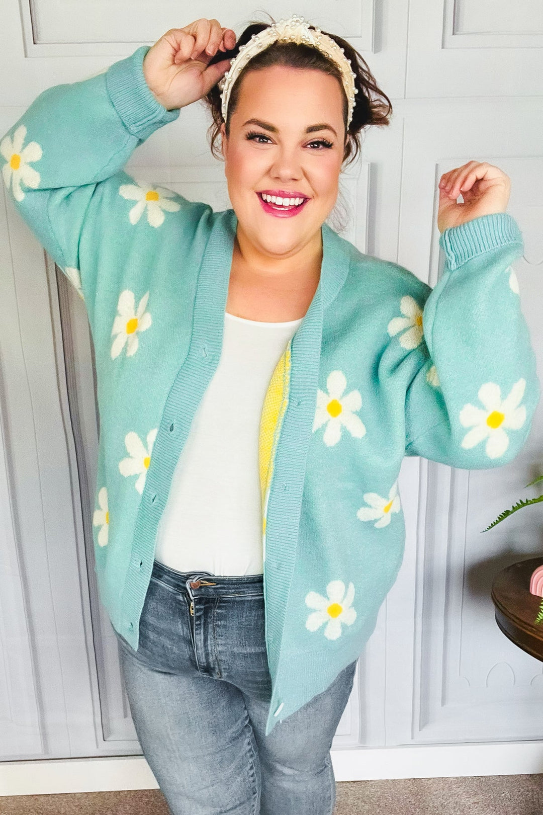 All For Love Mint Daisy Print Button Down Knit Cardigan