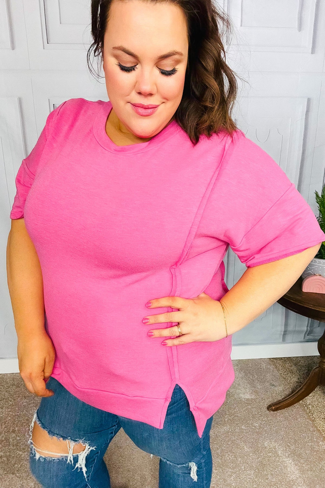 Perfectly Poised Hot Pink Cut Edge French Terry Top