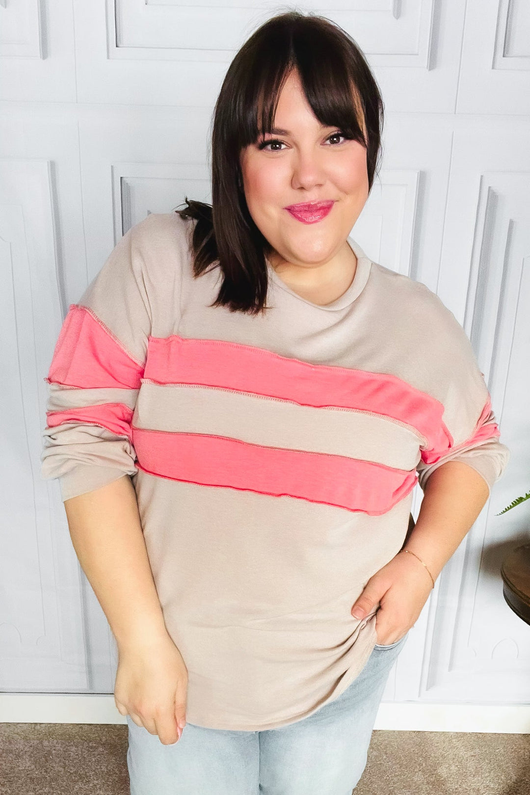 Rally Day Taupe & Coral Game Day Stripe Outseam Terry Top