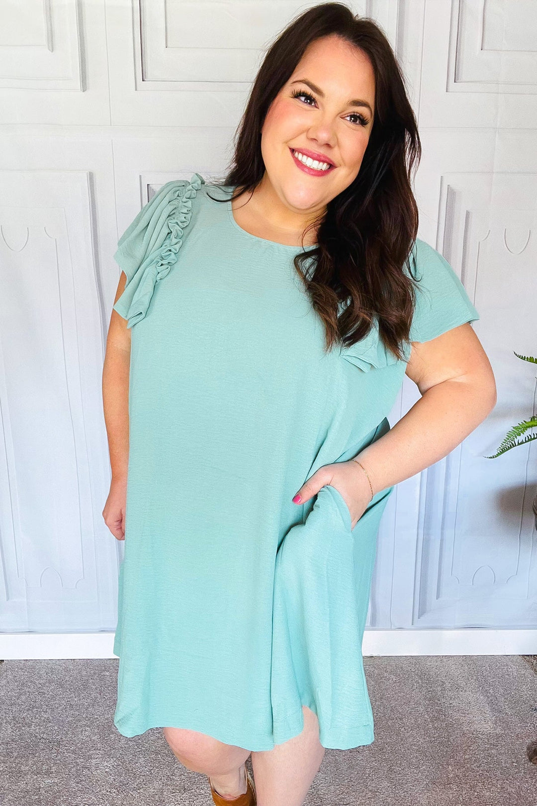 Out For The Day Sage Crinkle Woven Ruffle Sleeve Dress