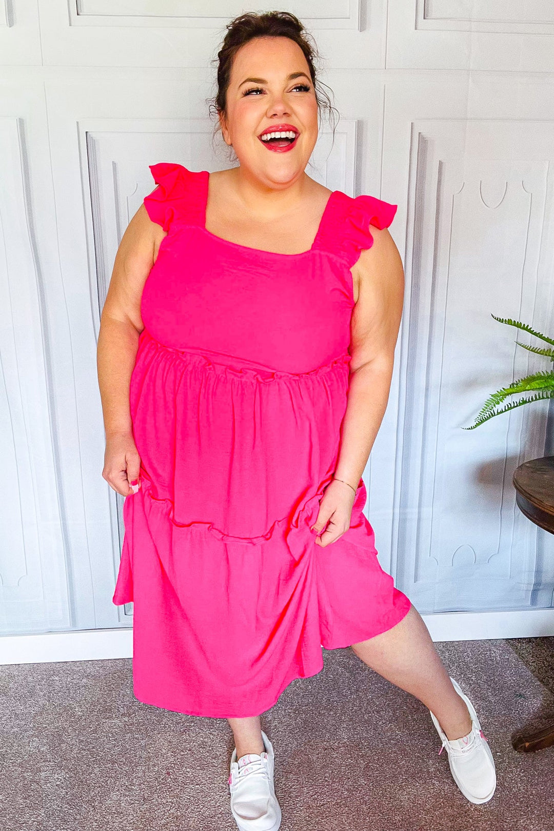 Lots To Love Fuchsia Smocked Flutter Sleeve Tiered Midi Dress