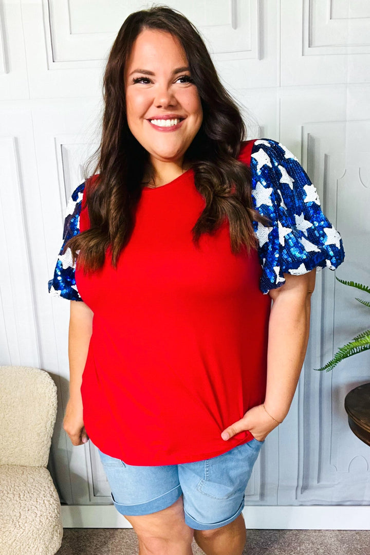 Feeling Patriotic Red & Blue Star Sequin Puff Sleeve Top