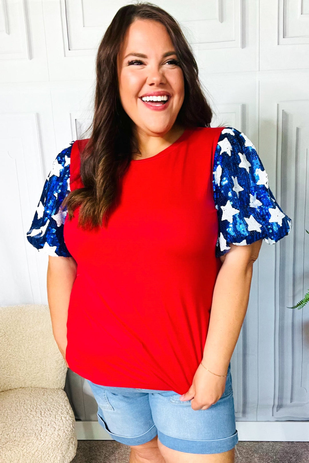 Feeling Patriotic Red & Blue Star Sequin Puff Sleeve Top