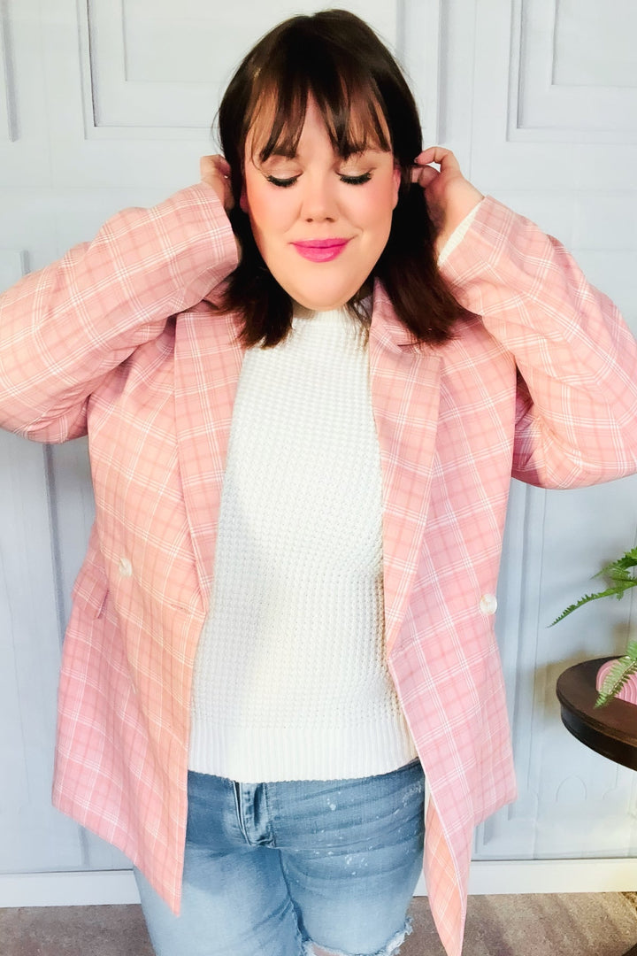 Get To It Pink Plaid Double Breasted Collar Lapel Blazer