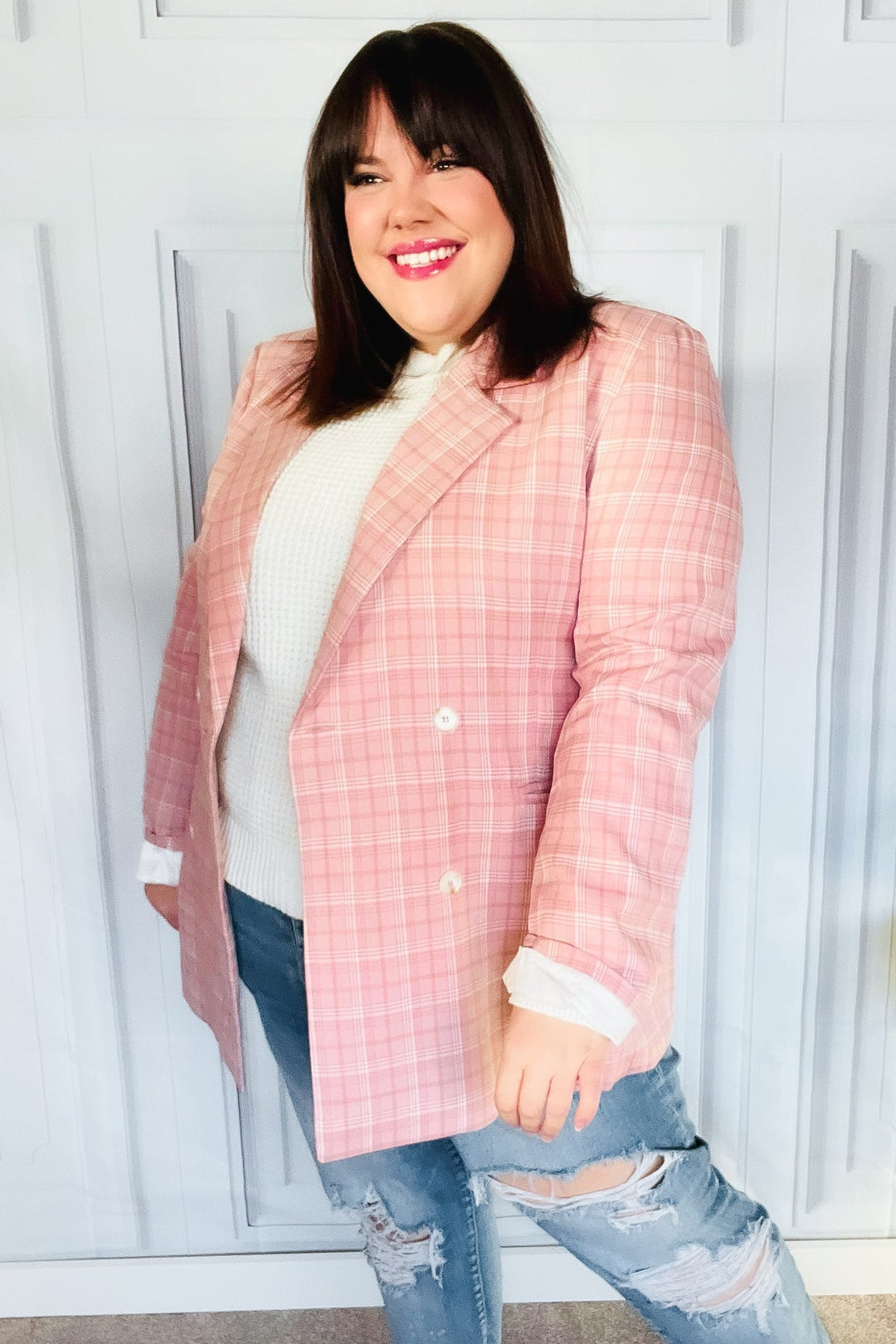 Get To It Pink Plaid Double Breasted Collar Lapel Blazer