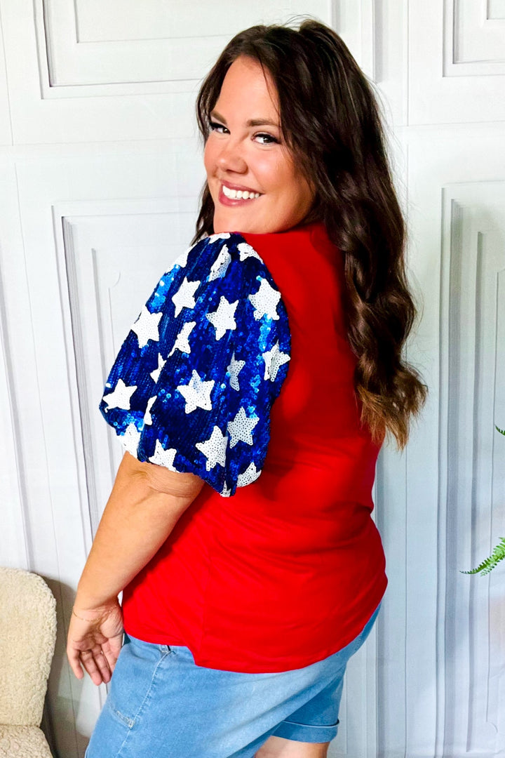 Feeling Patriotic Red & Blue Star Sequin Puff Sleeve Top