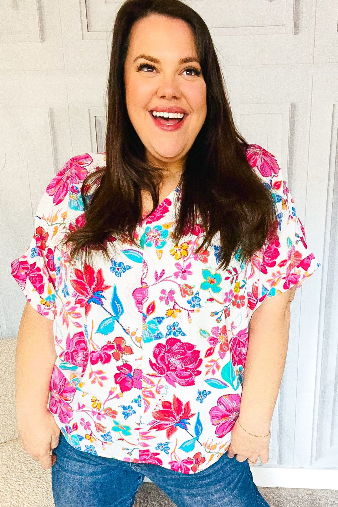 Embrace The Day Ivory & Fuchsia Floral V Neck Woven Top