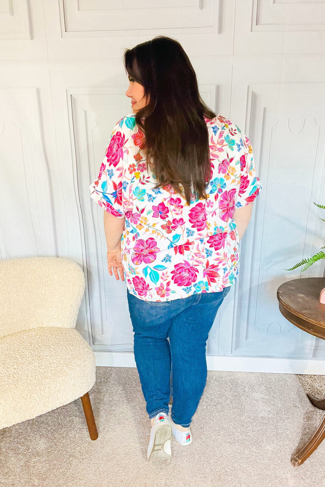 Embrace The Day Ivory & Fuchsia Floral V Neck Woven Top