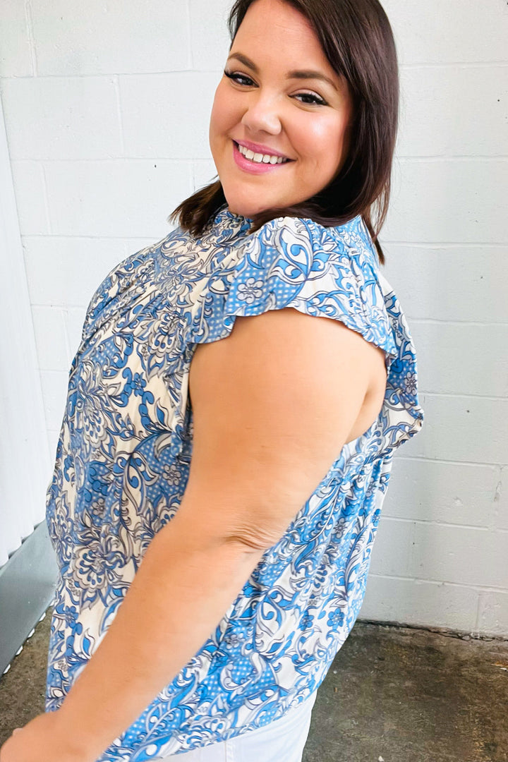 Blue & Ivory Paisley Mock Neck Flutter Sleeve Top