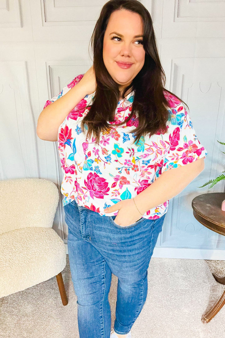 Embrace The Day Ivory & Fuchsia Floral V Neck Woven Top