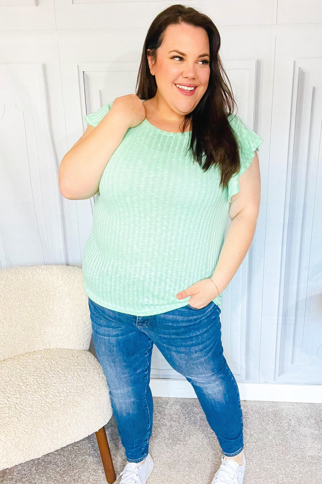 Hello Beautiful Mint Two-Tone Wide Rib Ruffle Sleeve Top