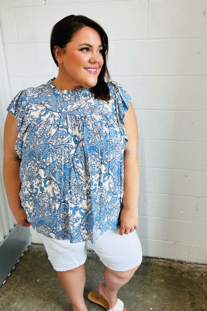 Blue & Ivory Paisley Mock Neck Flutter Sleeve Top